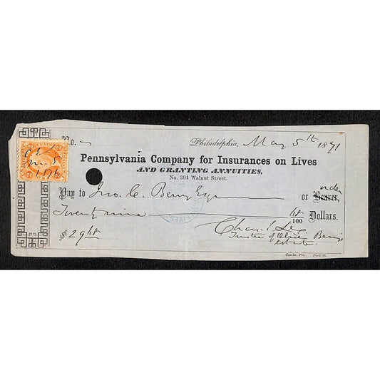 1871 Pennsylvania Company for Insurances on Lives w/ Rev Stamp C. Berry