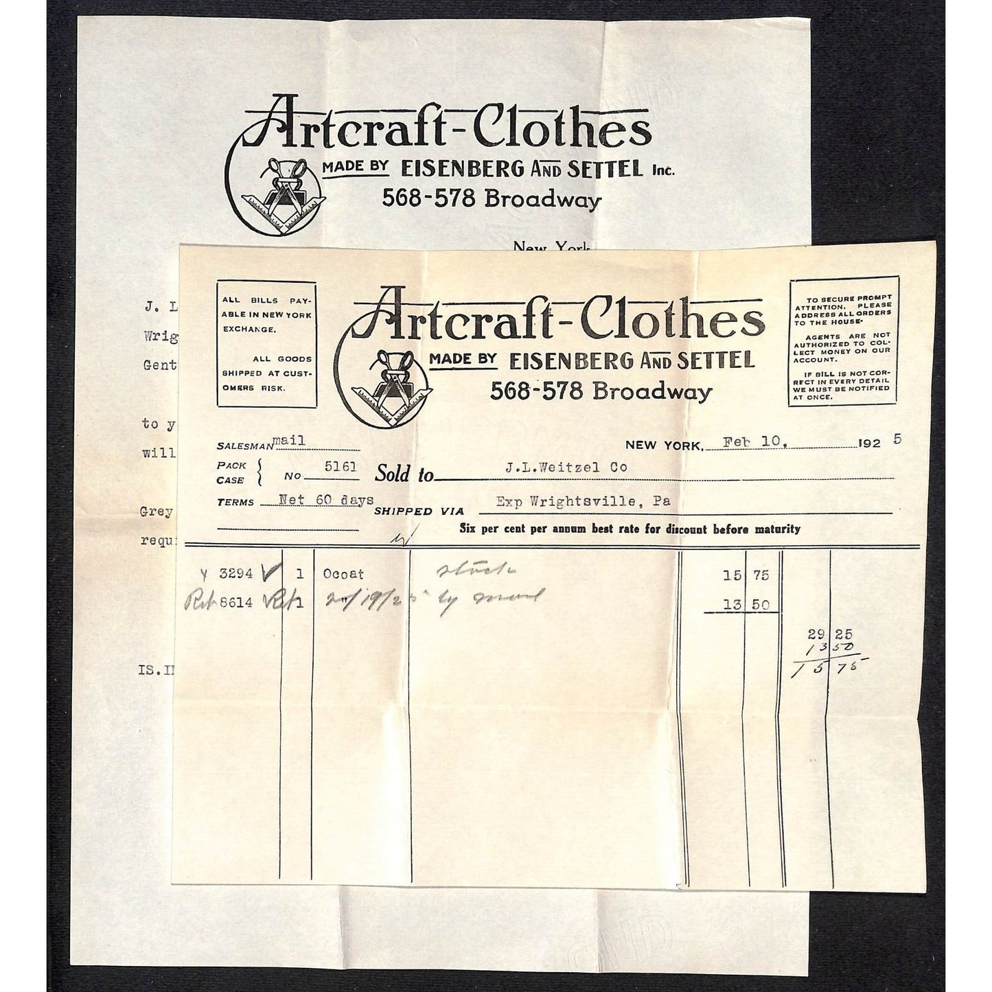 Artcraft Clothes Eisenberg & Settel Broadway NYC 1925 Billhead Letterhead Cover