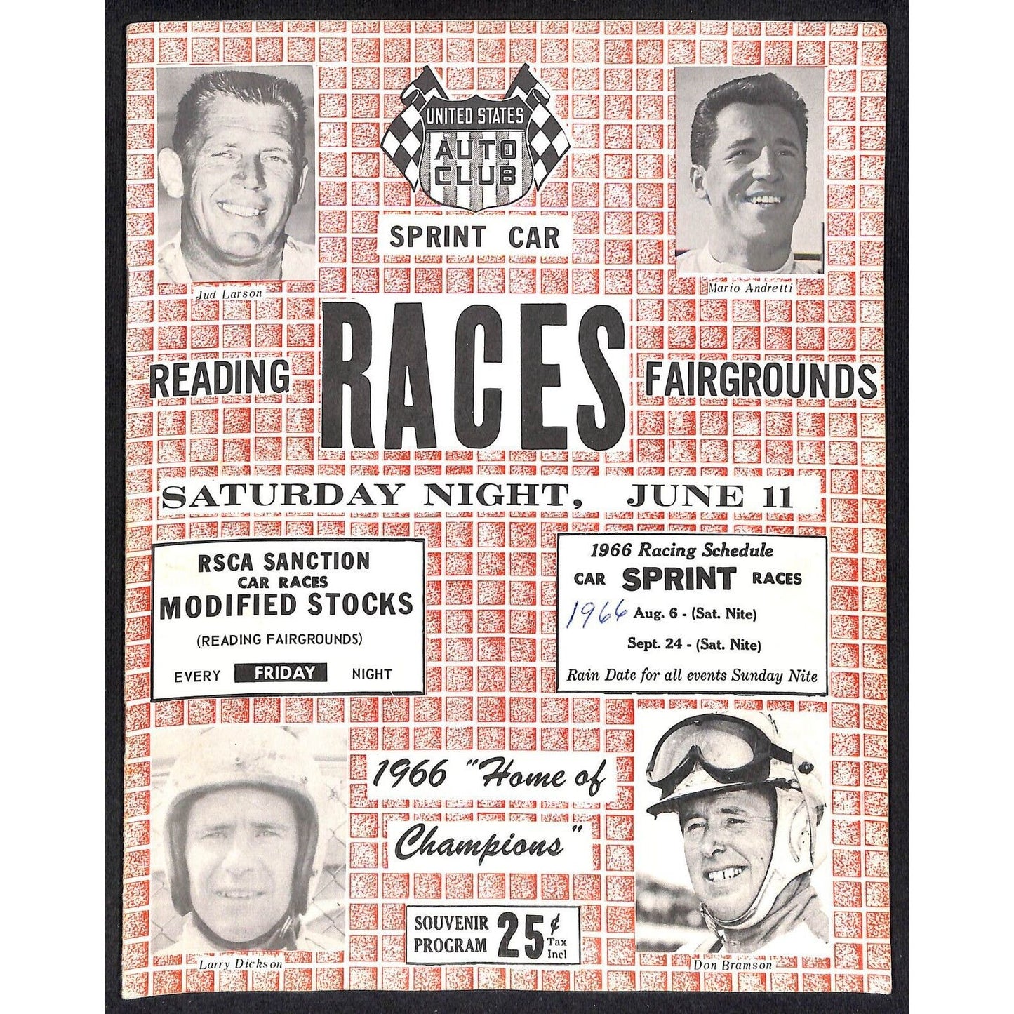 Reading Fairgrounds 1966 USAC Auto Races Program Sprint Car Mario 8pp*