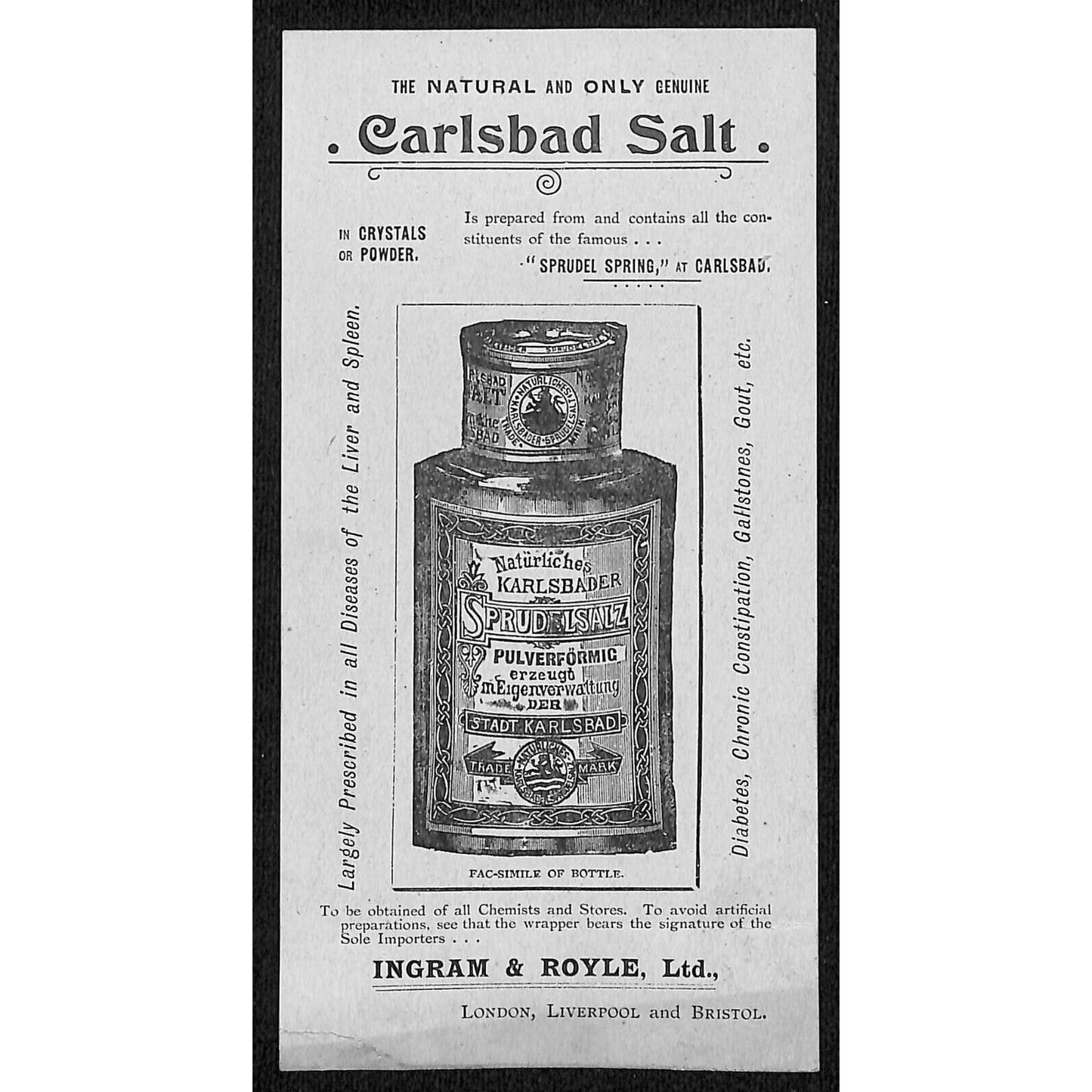 Carlsbad Salt Crystals Powder Ingram & Royal London Trade Card c1900