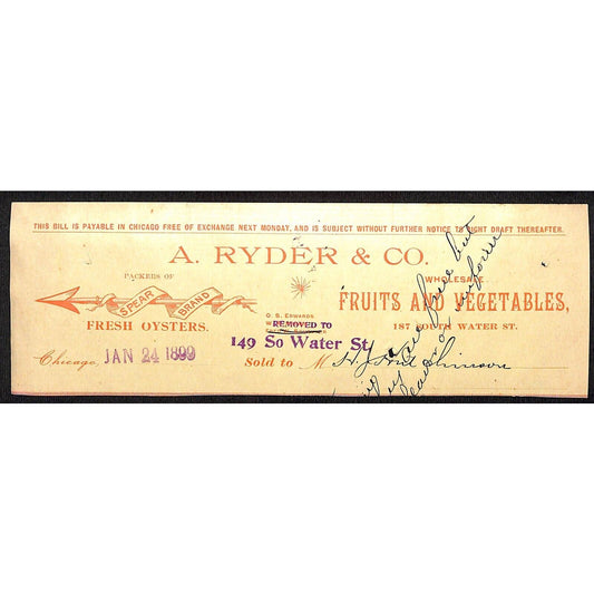 A. Ryder & Co. Oysters Chicago HJ Hutchinson Decorah IA* Cut 1899 Billhead