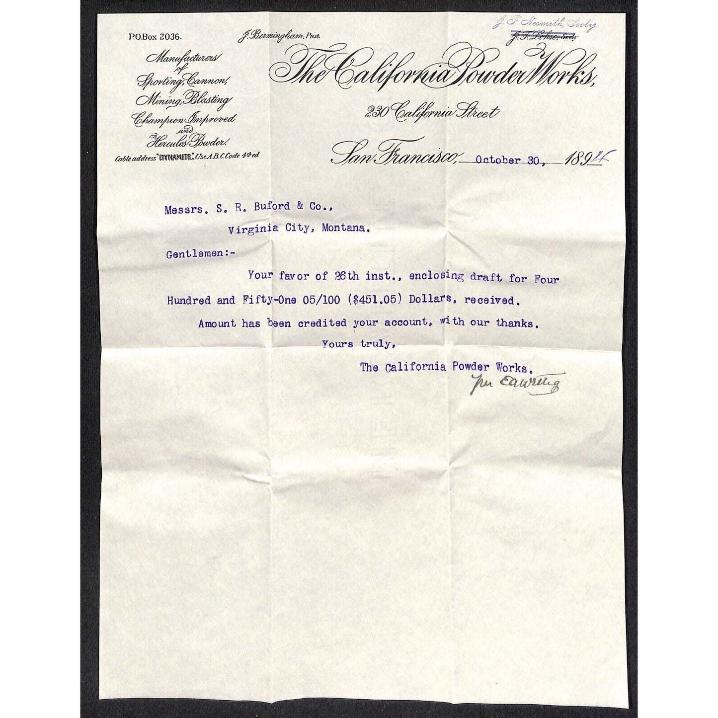 California Powder Works Hercules Dynamite 10/30 1894 Letterhead S.R. Buford*
