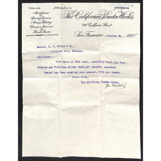 California Powder Works Hercules Dynamite 10/30 1894 Letterhead S.R. Buford*