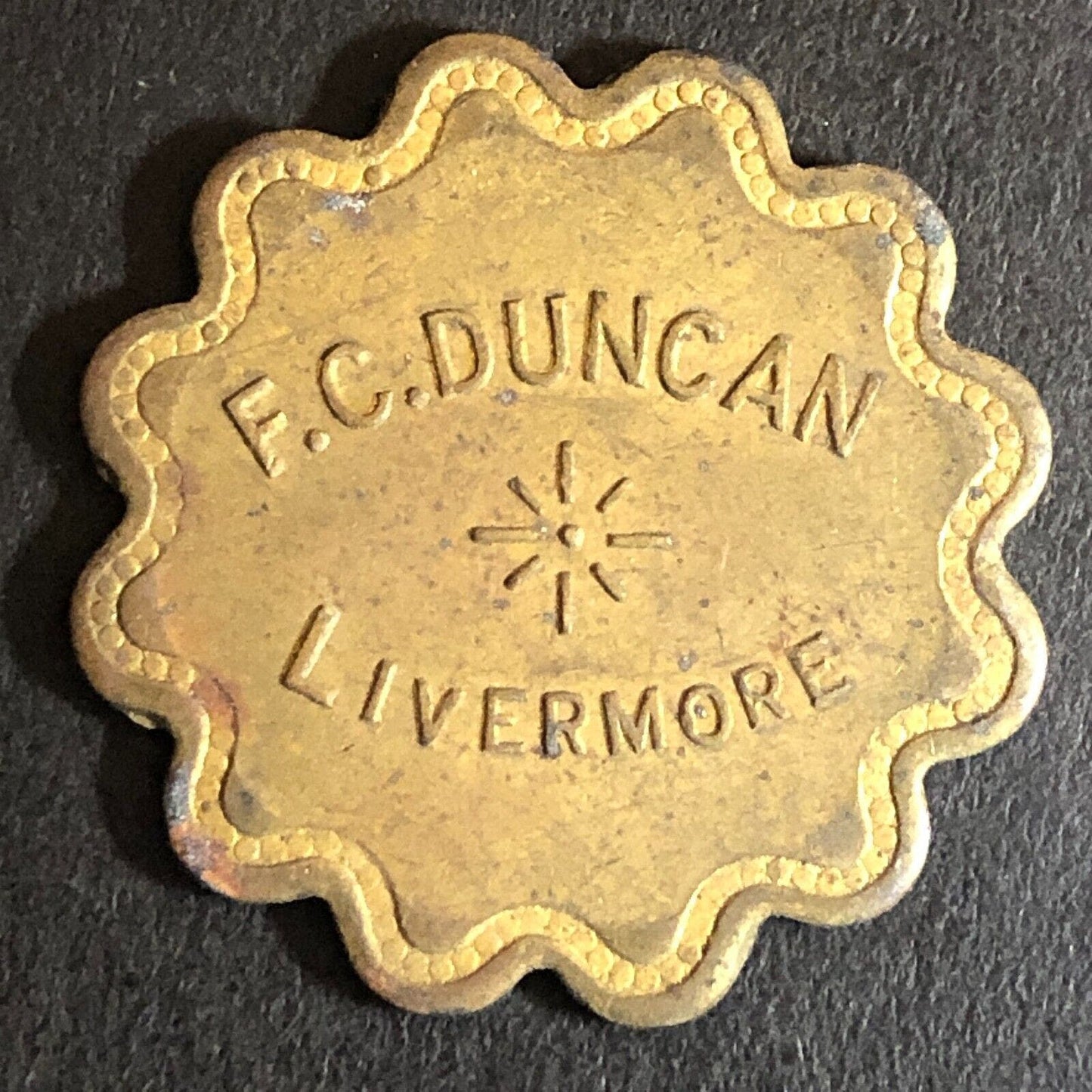 F.C. Duncan Livermore (CA) G/F 12 1/2¢ Trade Token c1920's 25.5mm Scarce