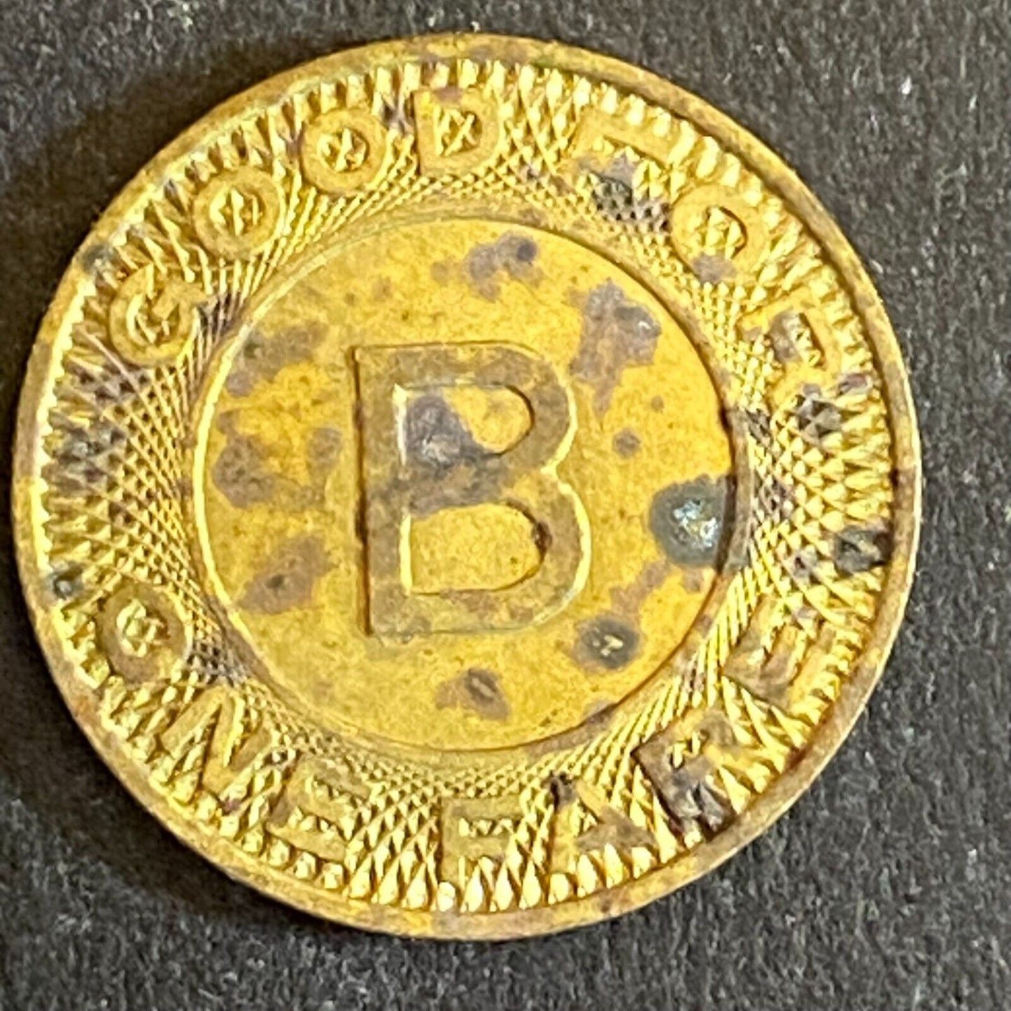 Bahner Bus Line (Williston ND) G/F One Fare Transit Token "B" c1953 16mm