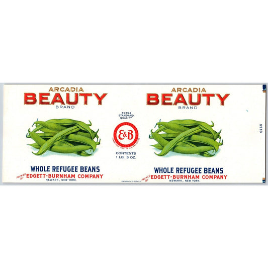 Whole Refugee Beans Arcadia Beauty Edgett-Burnham Paper Can Label c1925-35