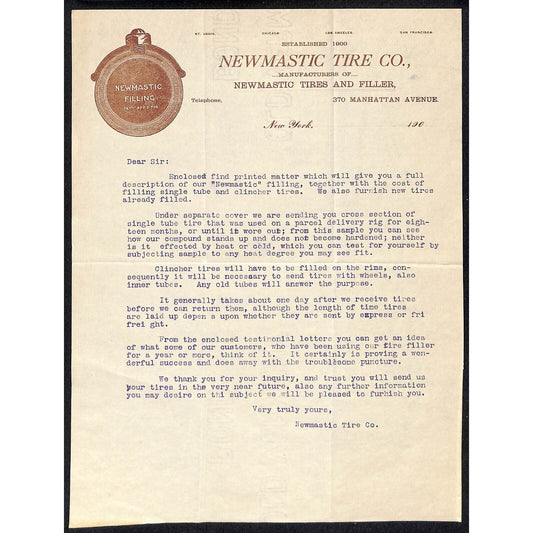 Newmastic Tire Co. Manhattan Ave NYC c1906 Letterhead Tire Cut-away Vignette