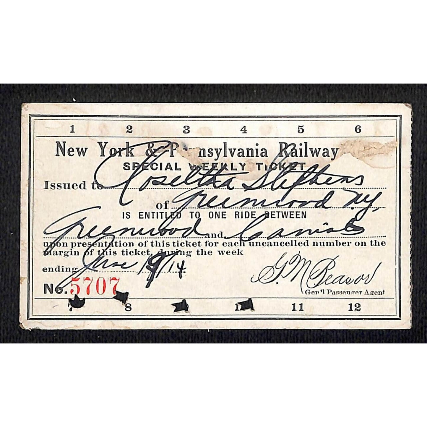 New York & Pennsylvania Ry 1914 Special Weekly Ticket Scarce #5707