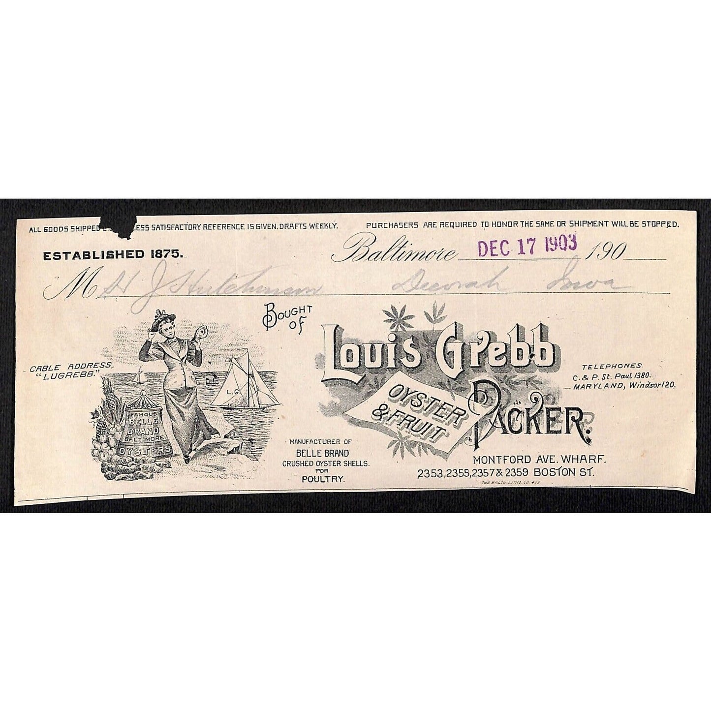 Louis Grebb Oyster Fruit Baltimore Hutchinson Decorah, IA* Cut 1903 Billhead