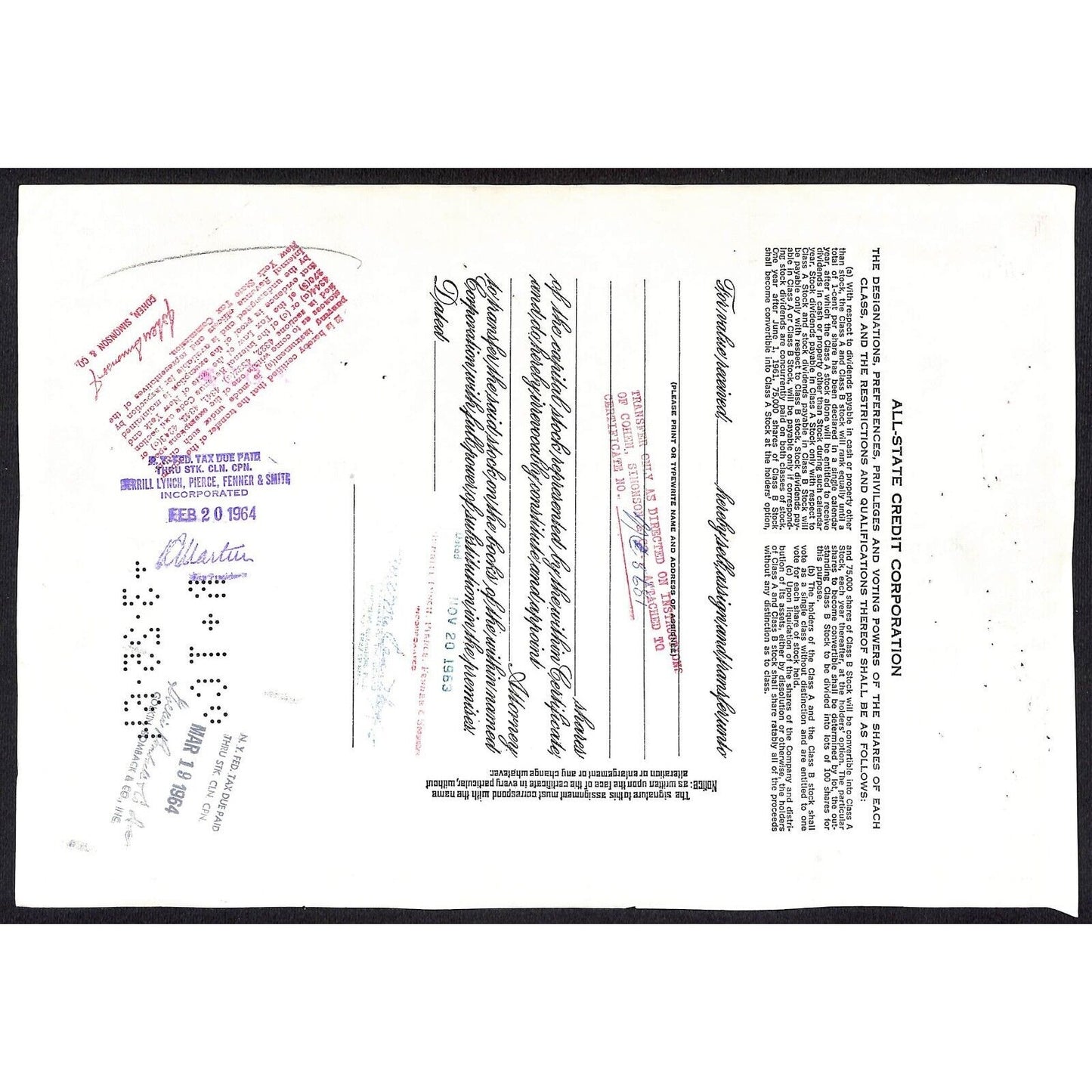 All State Credit Corporation NY 1963 Stock Certificate Merrill Lynch, Pierce