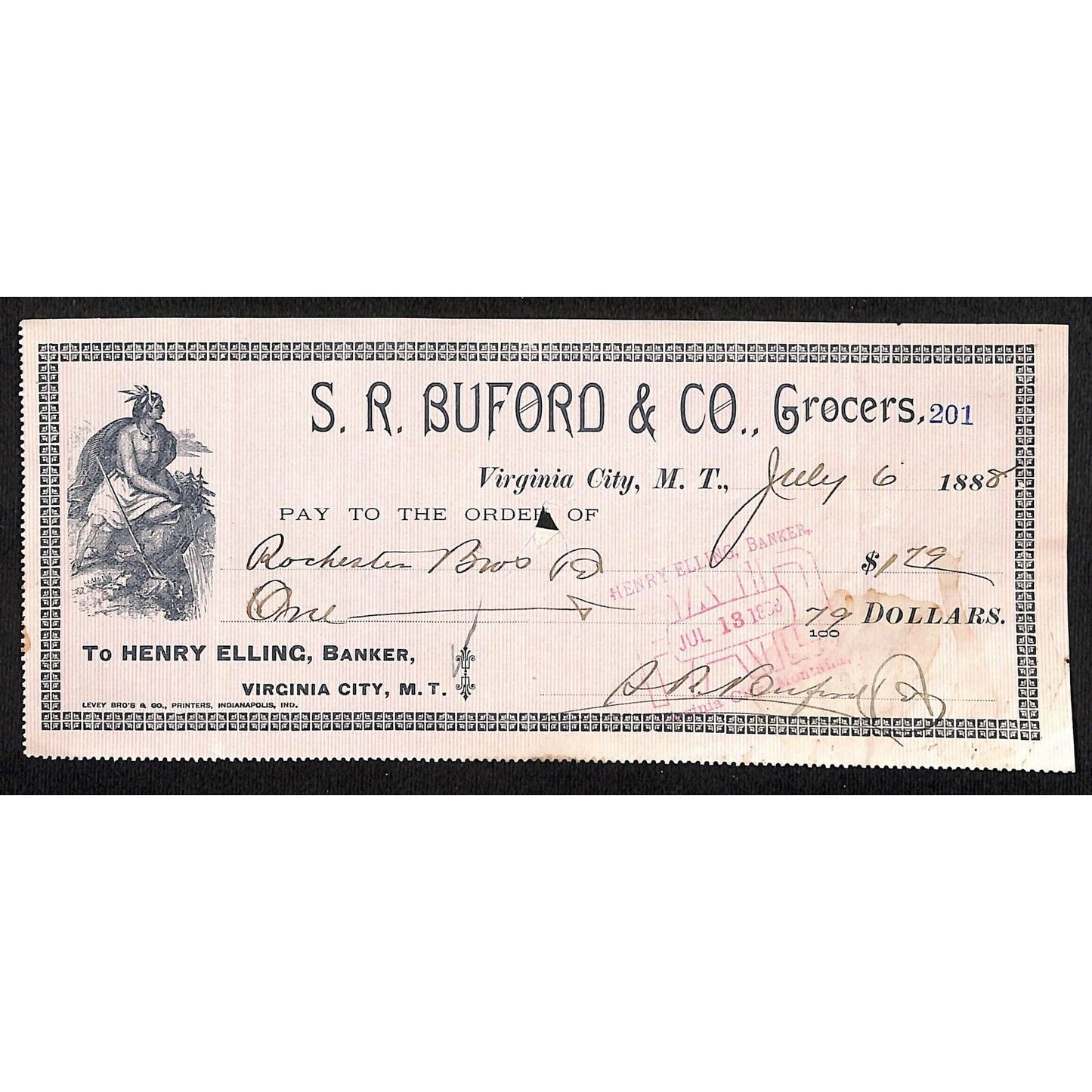 1888 Henry Elling Virginia City Montana Territory S.R. Buford Grocers Check #201