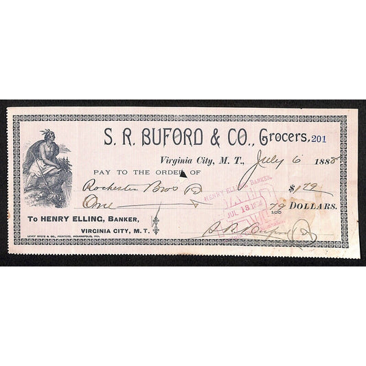 1888 Henry Elling Virginia City Montana Territory S.R. Buford Grocers Check #201
