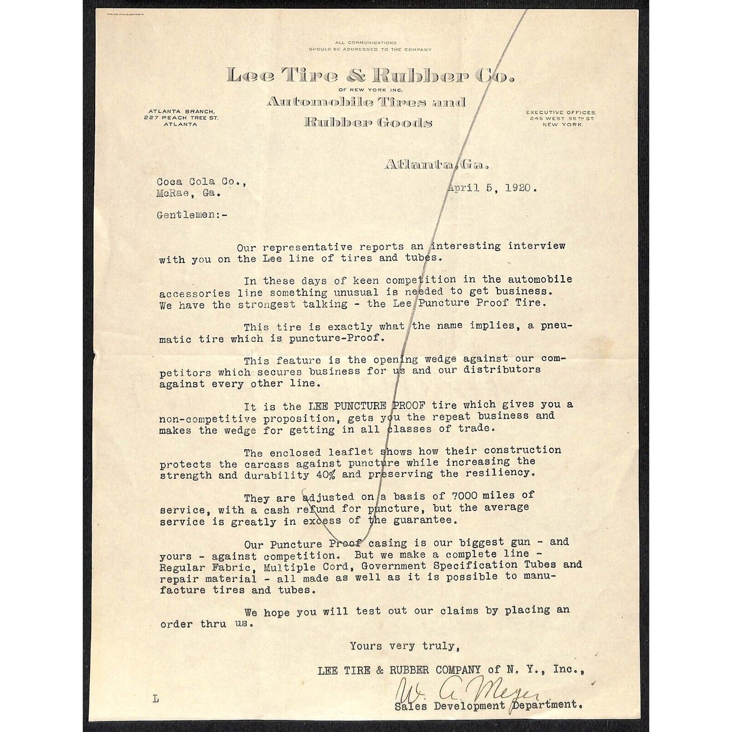 Lee Tire & Rubber Co. Automobile Tires Atlanta, GA 1920 TLS Letterhead Scarce