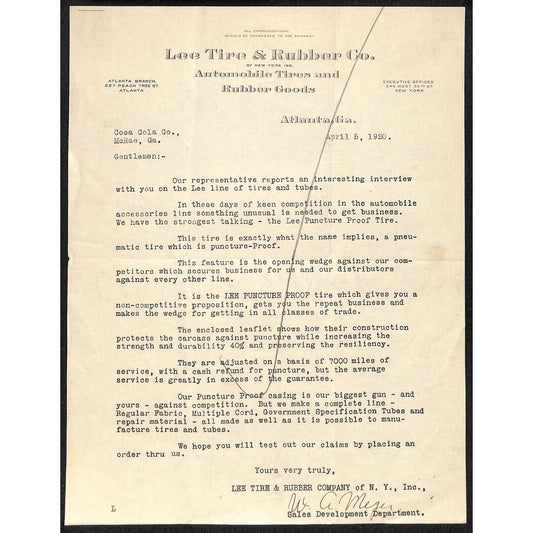 Lee Tire & Rubber Co. Automobile Tires Atlanta, GA 1920 TLS Letterhead Scarce