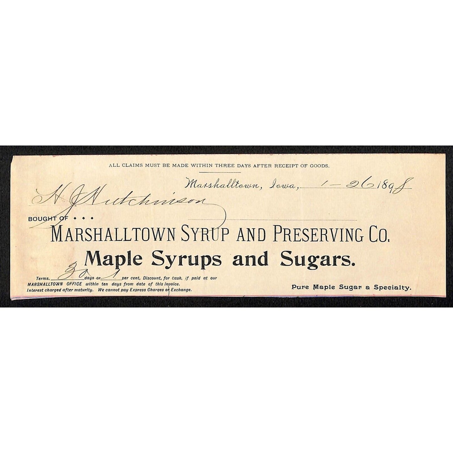 Marshalltown Syrup and Preserving HJ Hutchinson Decorah, IA* Cut 1898 Billhead