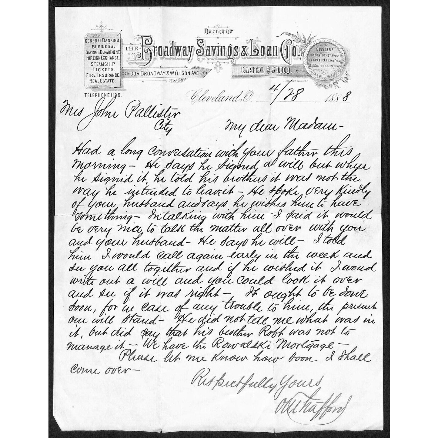 Broadway Savings & Loan Co. Cleveland 1888 Letterhead re: Father's Will Scarce