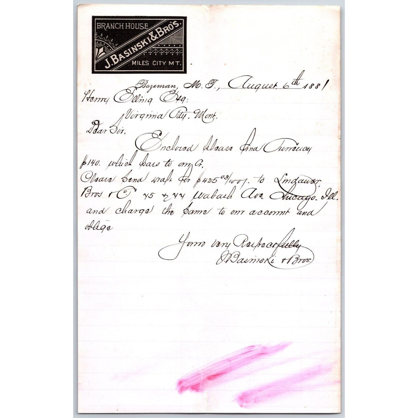 J. Basinski & Bros. Bozeman, MT (Dry Goods) 8/6 1881 Letterhead Henry Elling*