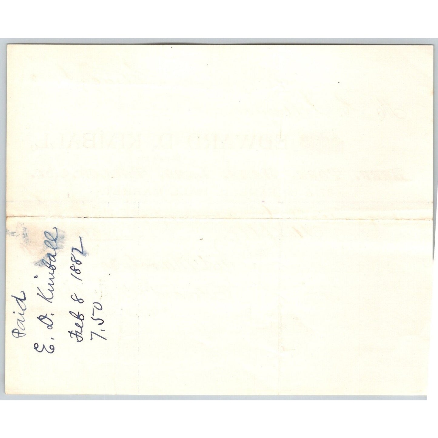 Edward D. Kimball Beef Lard Pork Hams Tallow Boston, MA 1882 Billhead