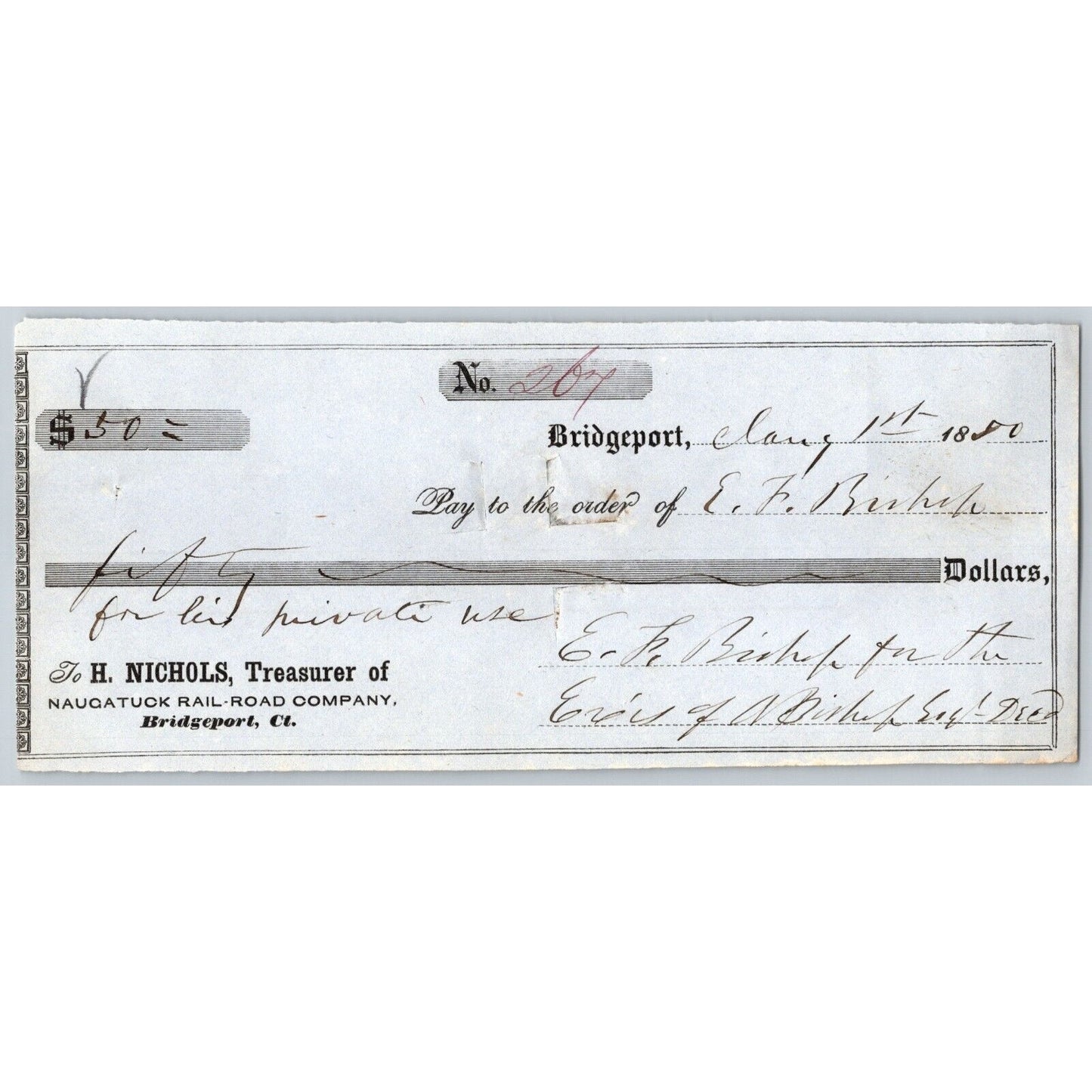 Naugatuck Railroad Co. Bridgeport Connecticut 1849 Check #267 E.F Bishop Signed