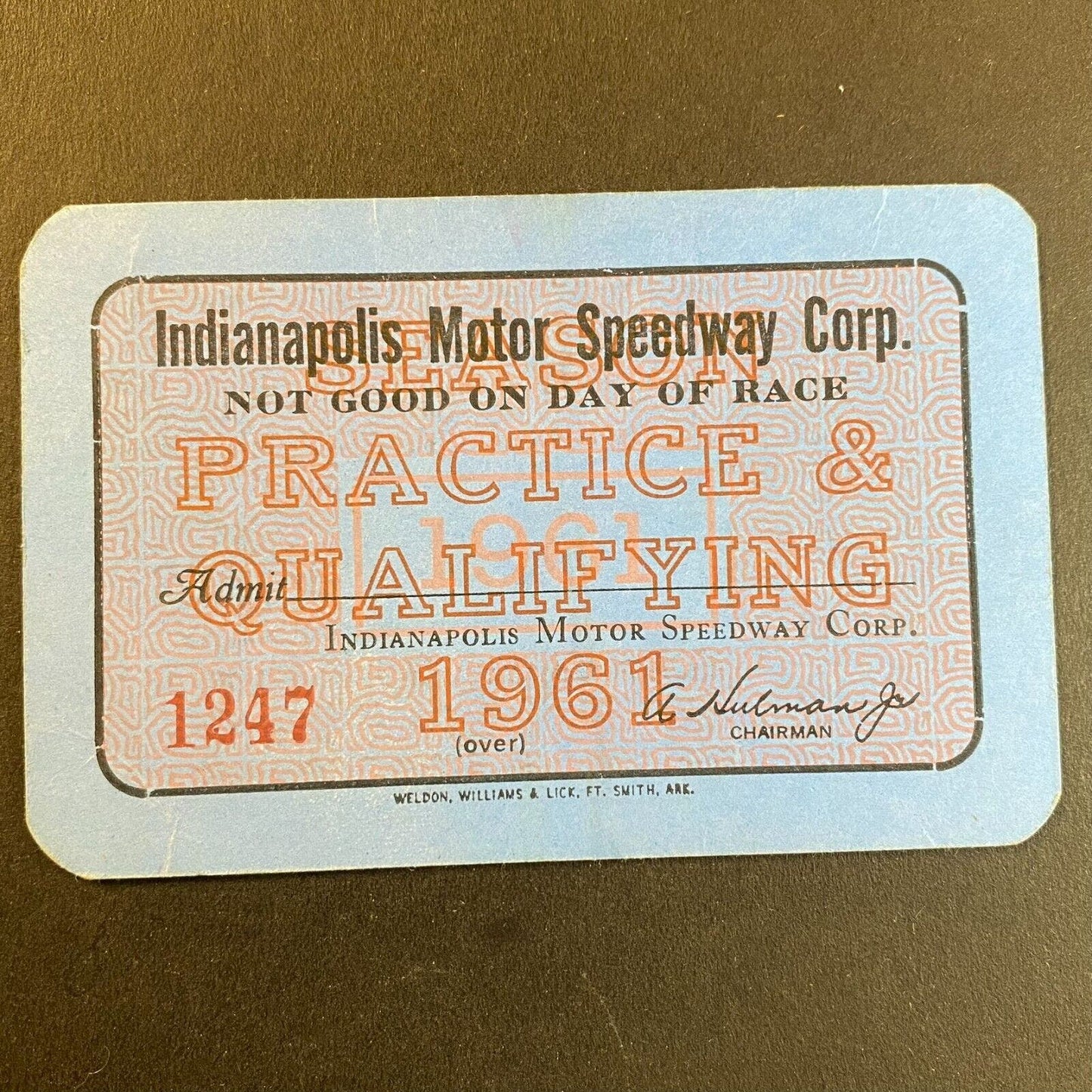 1961 Indianapolis Motor Speedway Practice & Qualifying Pass VGC Firm Card Stock