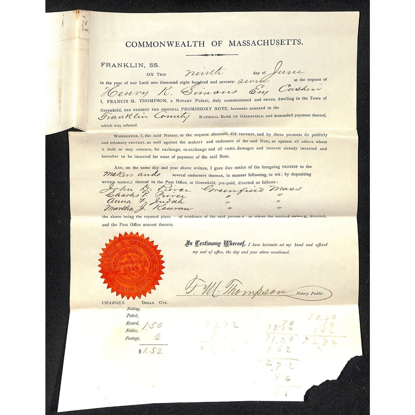 1877 Franklin Co. National Bank Greenfield, MA Promissory Note + Notarized Page