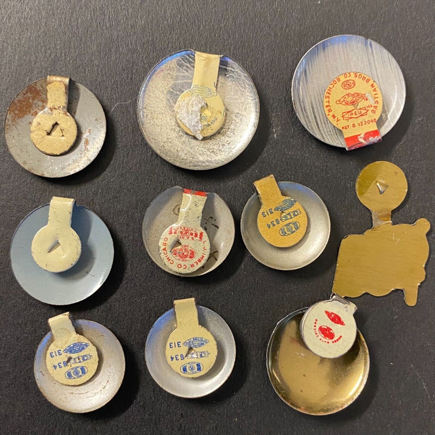 Group of 10 Small Steel Fold Over Pins USO Red Cross U.S. Flag March of Dimes