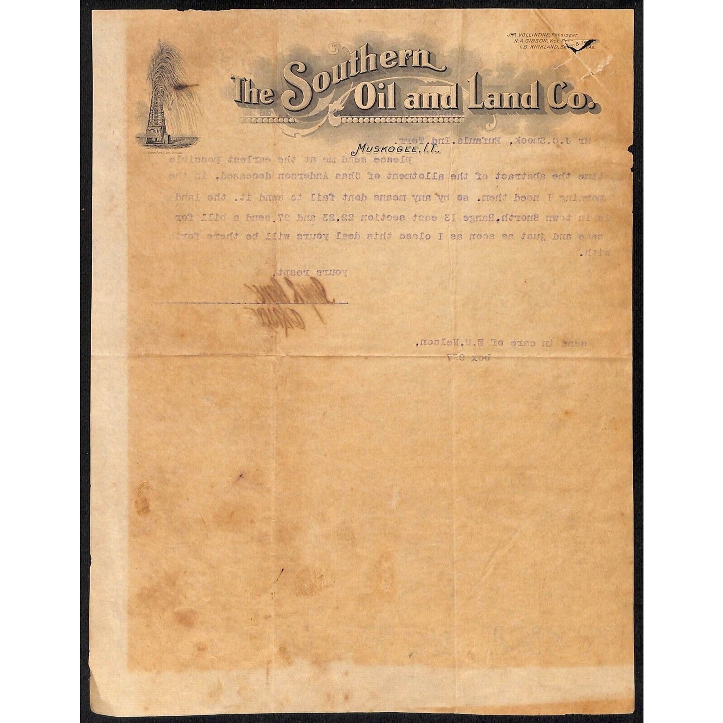 1906 Southern Oil and Land Co. I.T. Muskogee, OK Letterhead Oil Derrick Blowout