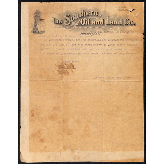 1906 Southern Oil and Land Co. I.T. Muskogee, OK Letterhead Oil Derrick Blowout