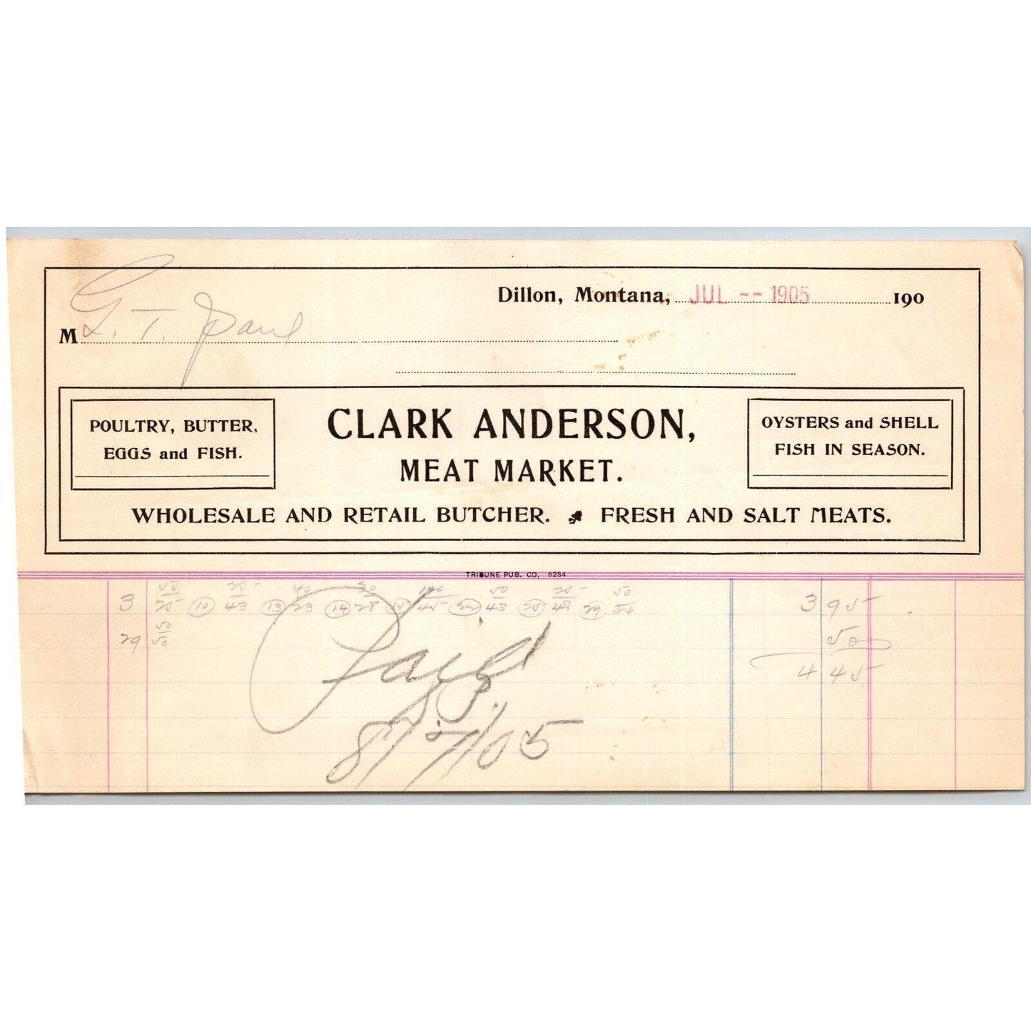Dillon, MT Clark Anderson Meat Market Butcher Oysters Shell Fish 1905 Billhead