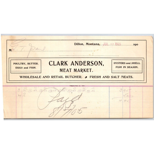 Dillon, MT Clark Anderson Meat Market Butcher Oysters Shell Fish 1905 Billhead