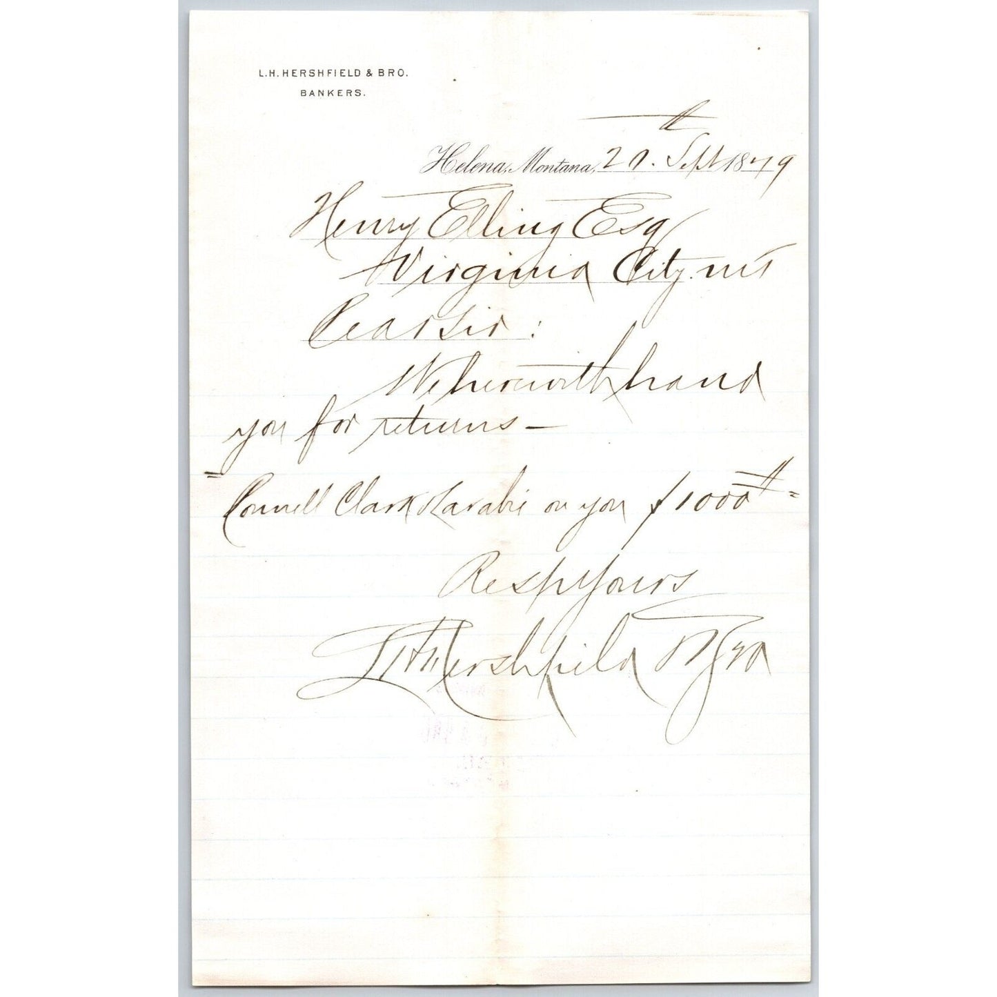 L.H. Hershfield** Bankers Helena 9/20 1879 Payment Advice Billhead Henry Elling*