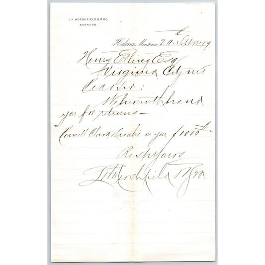 L.H. Hershfield** Bankers Helena 9/20 1879 Payment Advice Billhead Henry Elling*