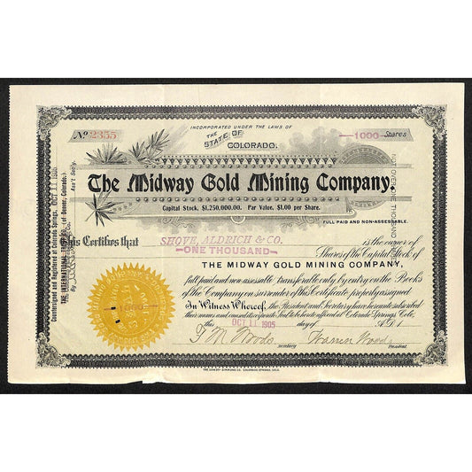 Midway Gold Mining Co. 1905 Stock Certificate w/ Warren Woods Sig. #2355
