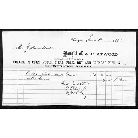 1863 Jabez Knowlton* Newburgh ME A.P. Atwood Bangor 4 Barrels of Flour Billhead