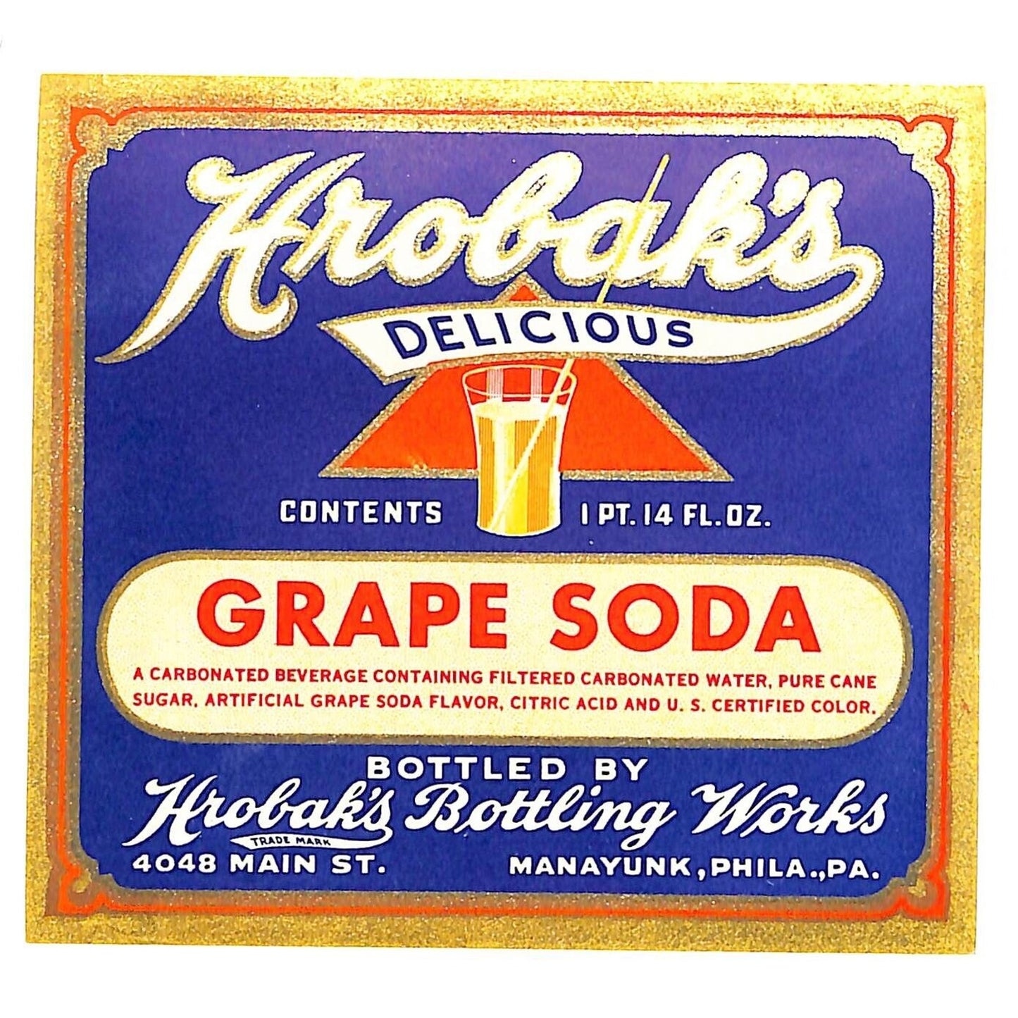 Krobak's Grape Soda Label Bottling Works Manayunk, Phila. c1930's VGC Scarce