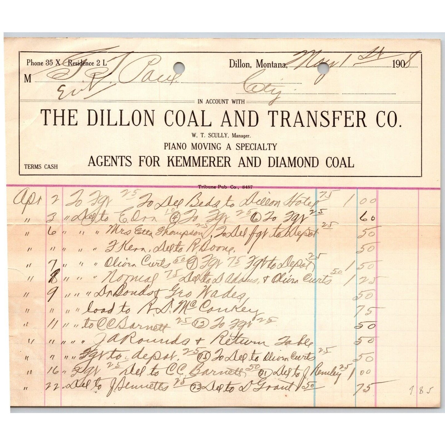 Dillon, MT Dillon Coal & Transfer Co Ice Wood May 1908 Billhead G.T. Paul*