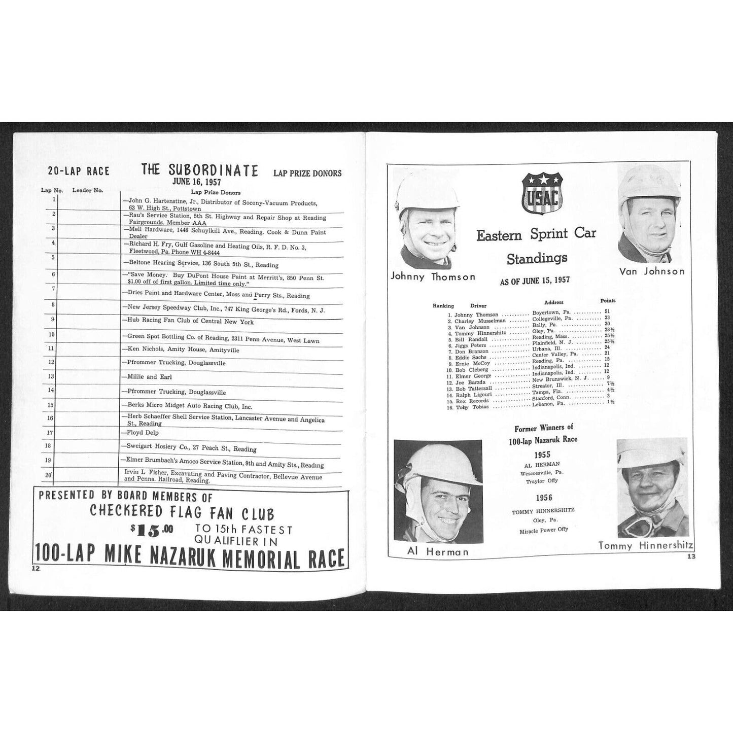 Reading Fairgrounds 1957 Mike Nazaruk Memorial Auto Race Program 12pp* Scarce