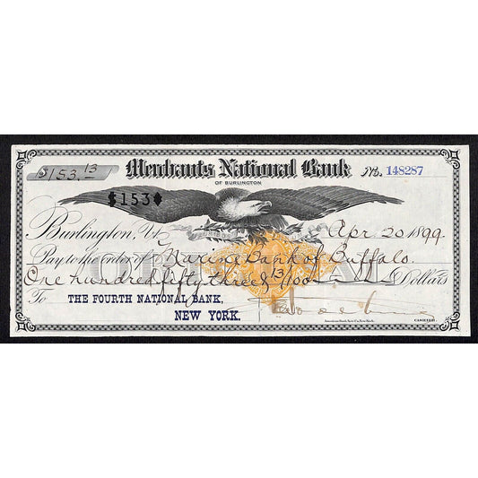 Merchants National Bank Burlington, VT 1899 Bank Check Marine Bank of Buffalo