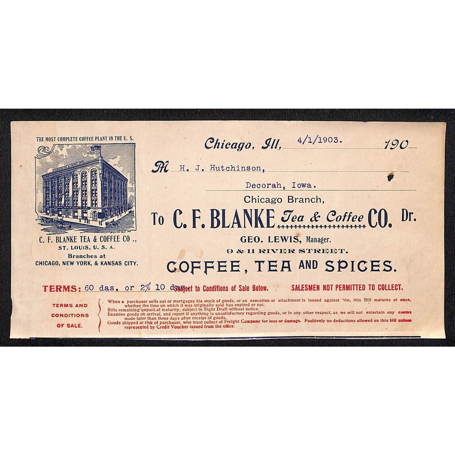 C.F. Blanke Tea & Coffee Co. Chicago Hutchinson* 1903 Cut Billhead - Scarce
