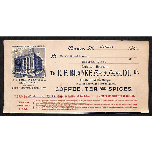 C.F. Blanke Tea & Coffee Co. Chicago Hutchinson* 1903 Cut Billhead - Scarce