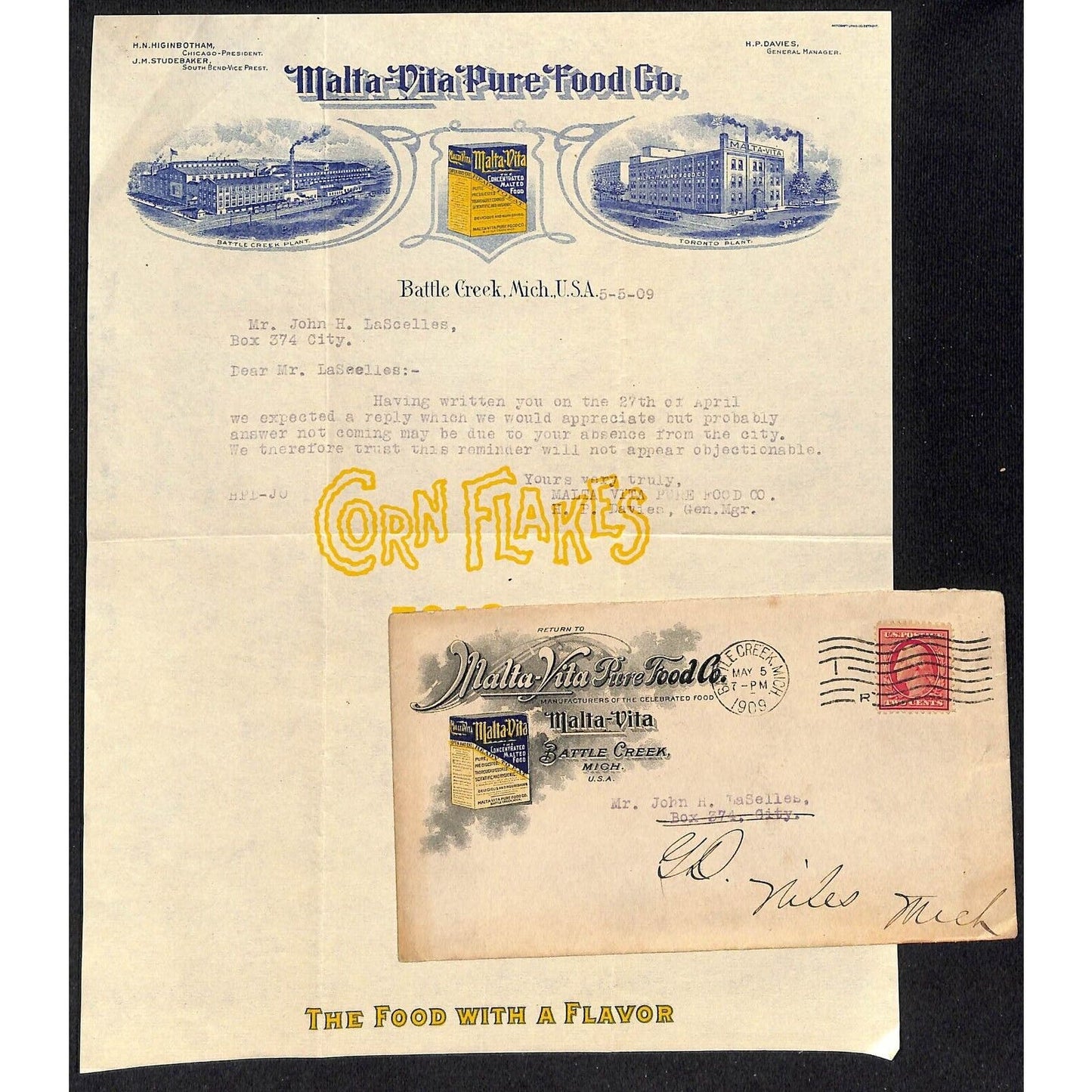 Malta-Vista Pure Food Co. Battle Creek, MI 1909 Advertising Letterhead & Cover