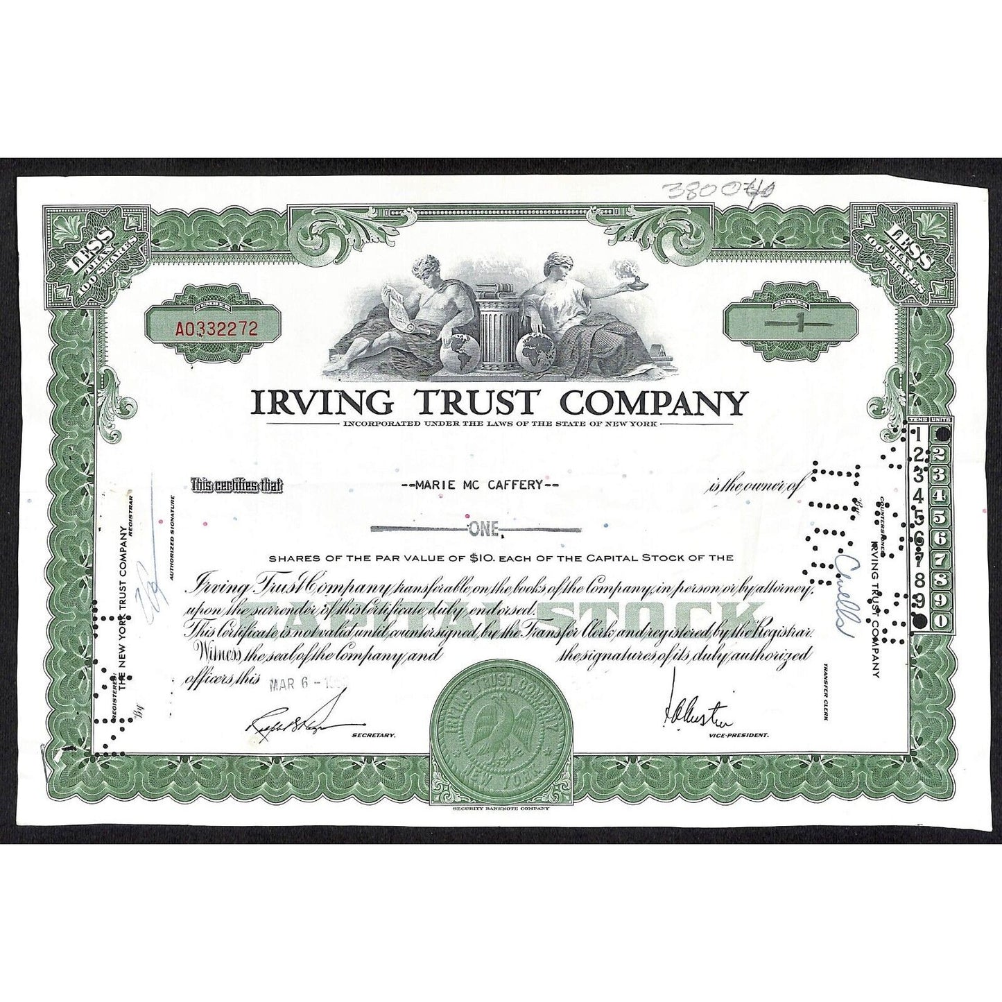 Irving Trust Company NY 1959 Stock Certificate Marie Mc Caffery