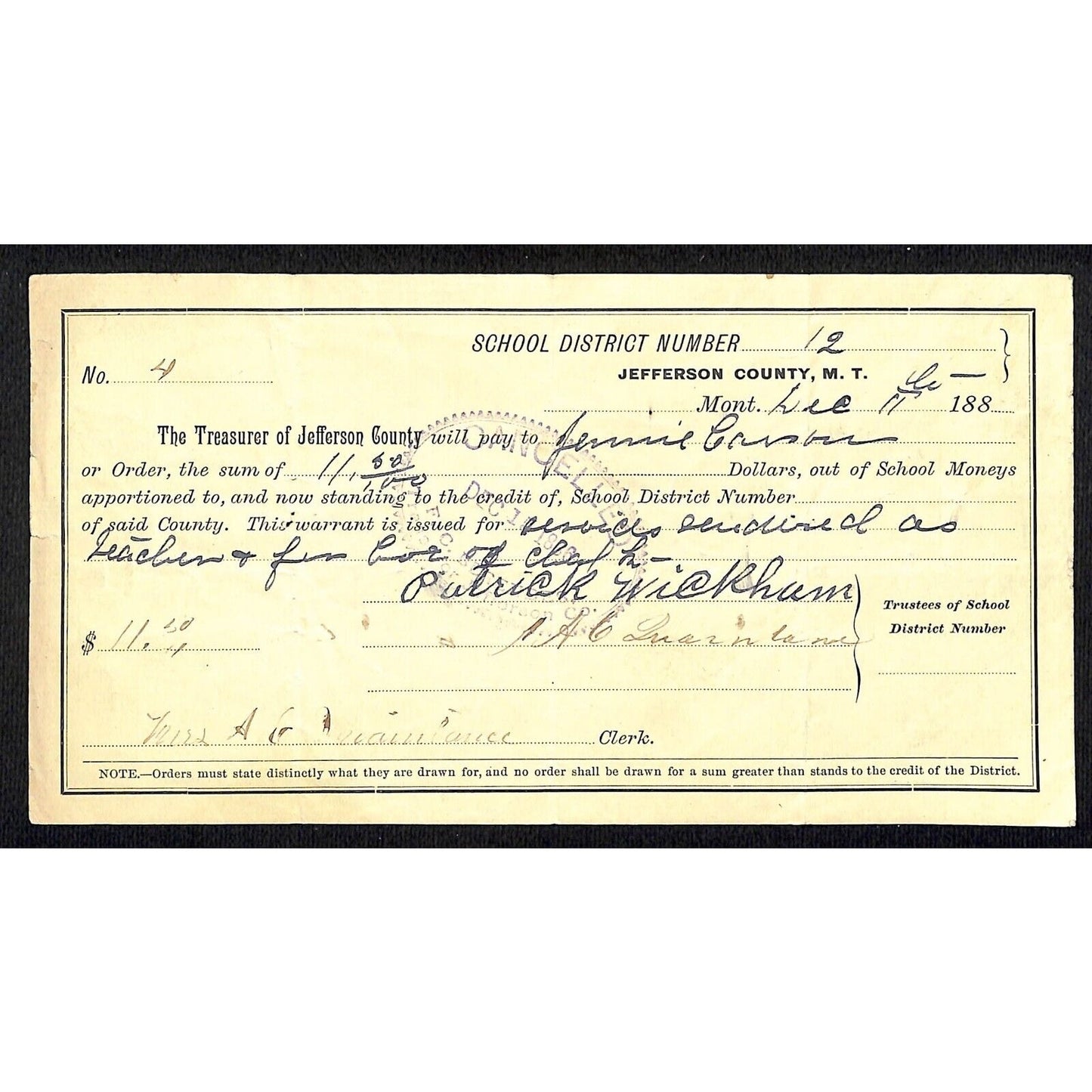 1886 Jefferson County Montana Territory School Warrant Services for ?+as Teacher