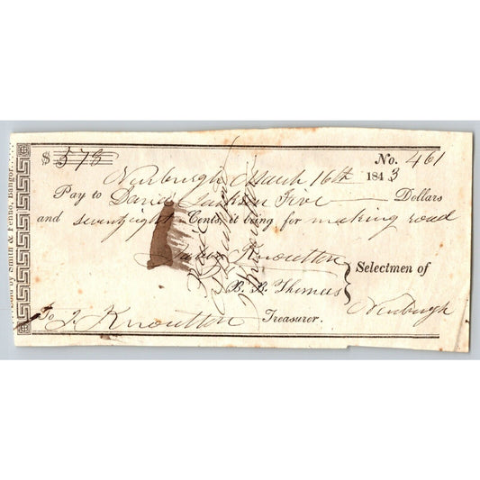 1843 Jabez Knowlton* Newburgh, ME Town Check / Draft to Daniel Jenksen ? No. 461