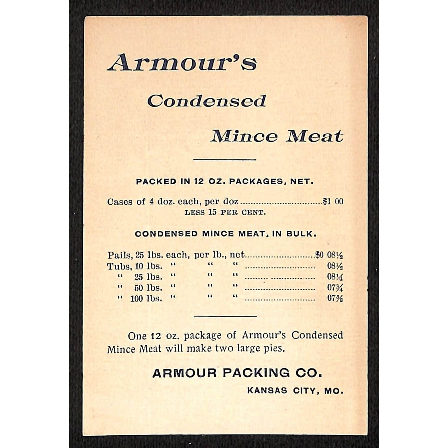 Armour's Condensed Mince Meat Wholesale Adv. Sheet w/ Prices c1890's Scarce