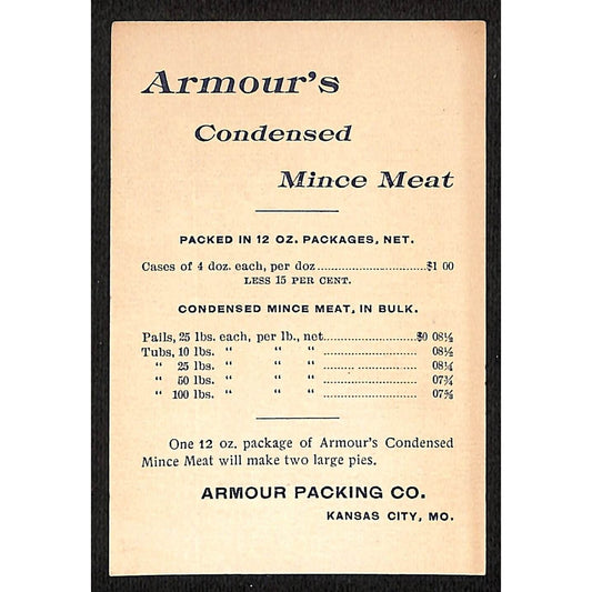 Armour's Condensed Mince Meat Wholesale Adv. Sheet w/ Prices c1890's Scarce