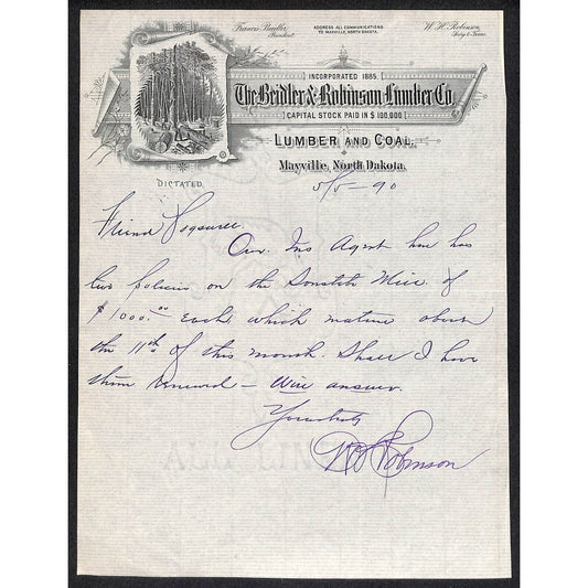 Bridler & Robinson Lumber Co. Mayville, ND 1890 ALS Letterhead Coal VGC Scarce