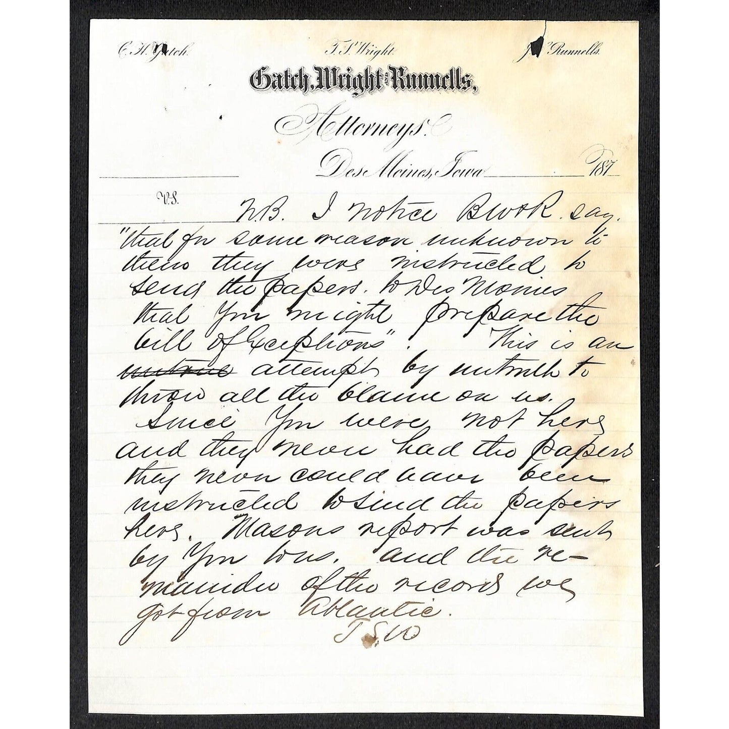 Gatch, Wright and Runnells Des Moines Attorneys c1873 ALS Letterhead