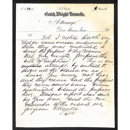 Gatch, Wright and Runnells Des Moines Attorneys c1873 ALS Letterhead