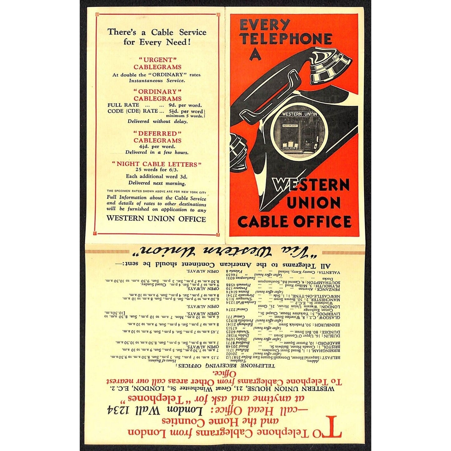 Every Telephone A Western Union Cable Office c1936 Adv. Folded Flyer VGC Scarce